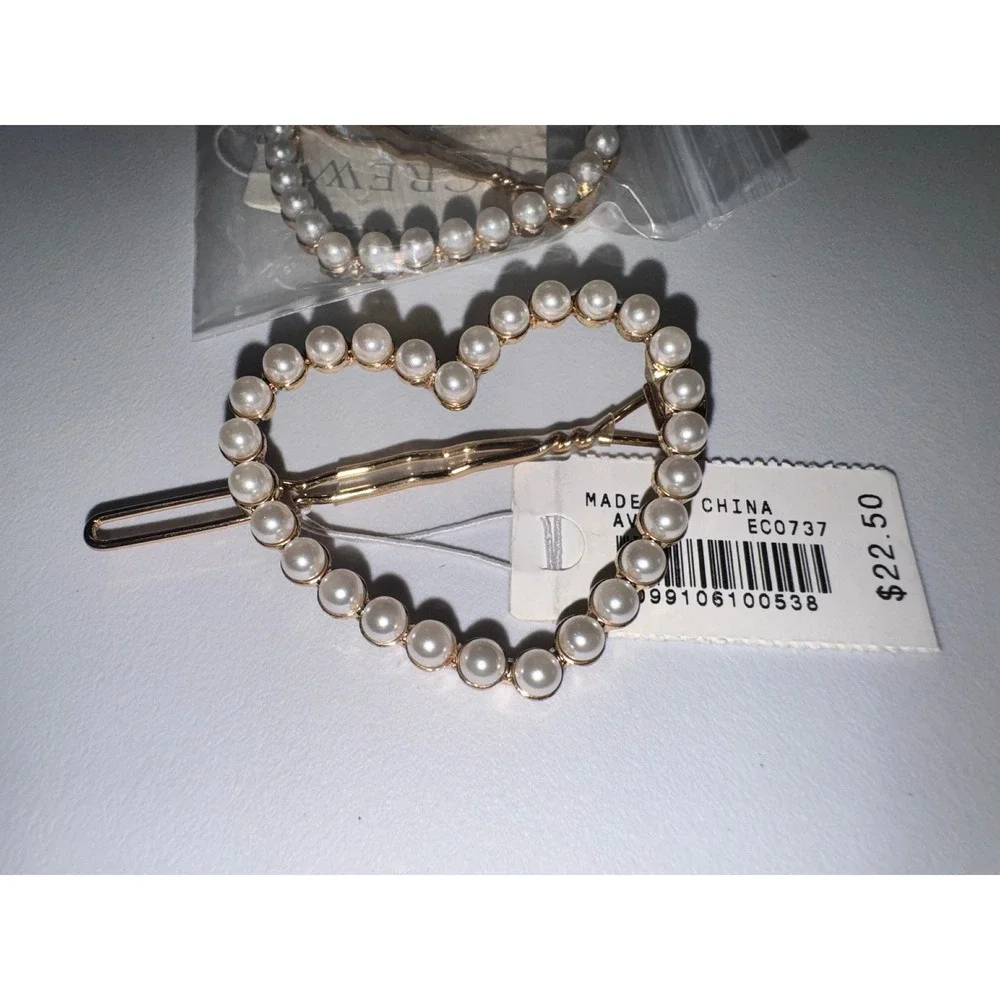 J.Crew Heart Hair Clip Set Women White Gold Faux Pearl Beaded EC0737 OS